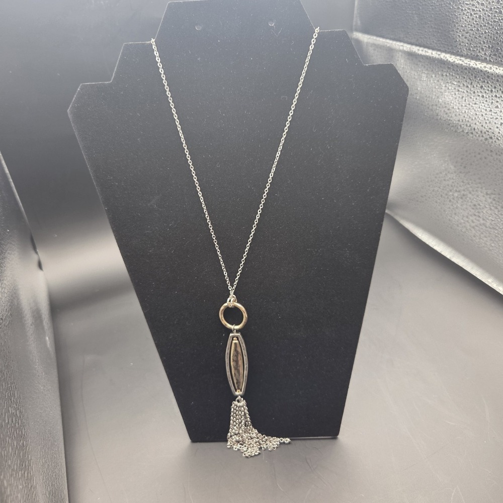 VTG Silver Brass Geometric Tassel Pendant Toggle Necklace 32